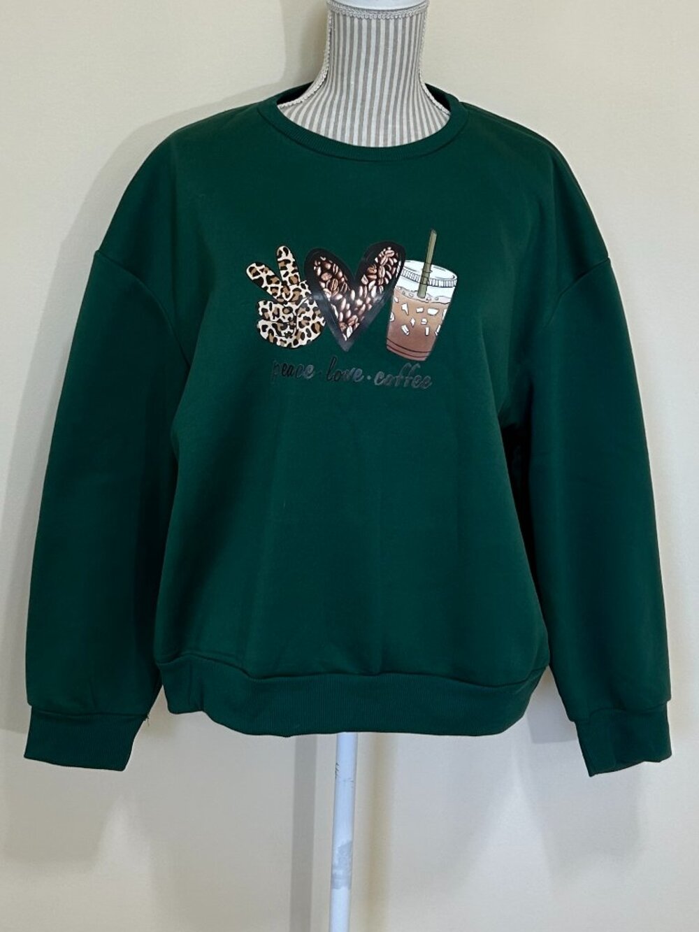 SHEIN Peace Love Coffee Sweat Shirt with Graphic Green Size L